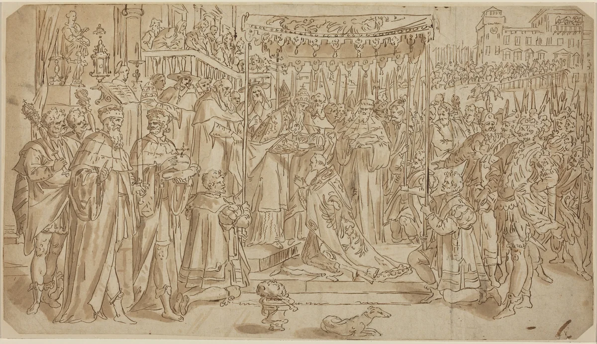 Coronation of the Emperor by Anonymous Artist; Maarten de Vos, drawing, 1532-1603