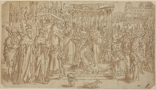Coronation of the Emperor by Anonymous Artist; Maarten de Vos, drawing, 1532-1603
