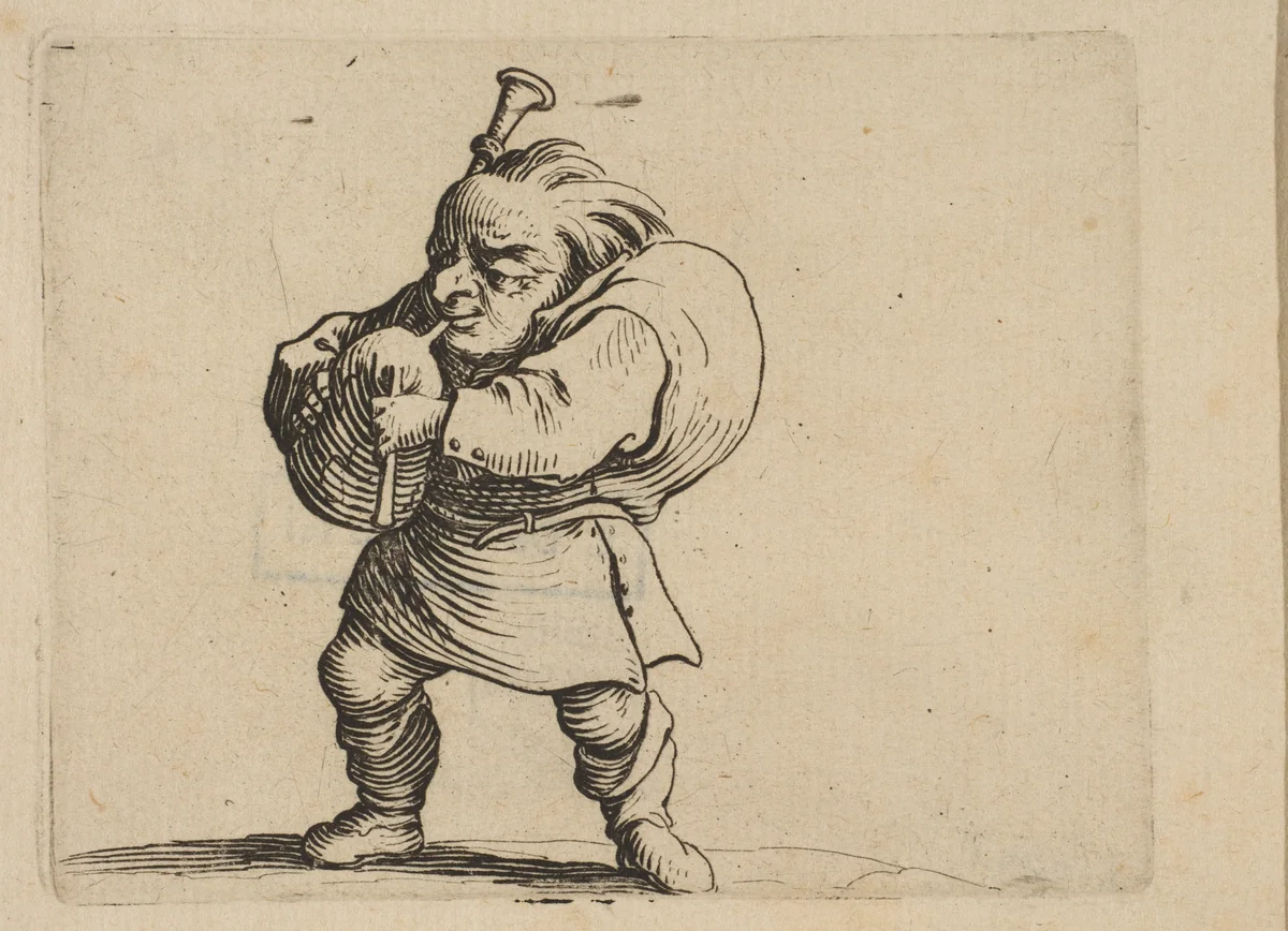 La Jouer de Cornemuse (The Bagpipe Player), from "Varie Figure Gobbi, suite appelée aussi Les Bossus, Les Pygmées, Les Nains Grotesques" (Various Hunchbacked Figures, The Hunchbacks, The Pygmes, The Grotesque Dwarfs) by Jacques Callot, print, 1616-1622