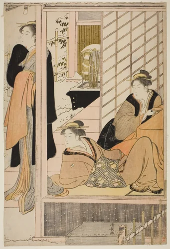Women Viewing a Snowy Garden from a Parlor by Torii Kiyonaga (鳥居清長), print, 1781-1791