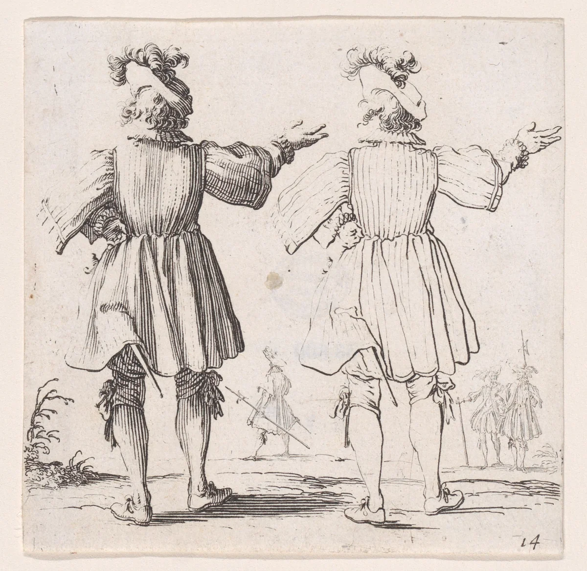 L'Officier a la Collerette Vu de Dos (The Officer with the Hackle Seen from Behind), plate 14 from "Varie Figure" (Various Figures) by Jacques Callot, print, 1615-1625