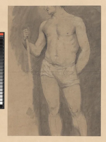 Staande halfnaakte man met stok by anonymous, drawing, 1700-1800