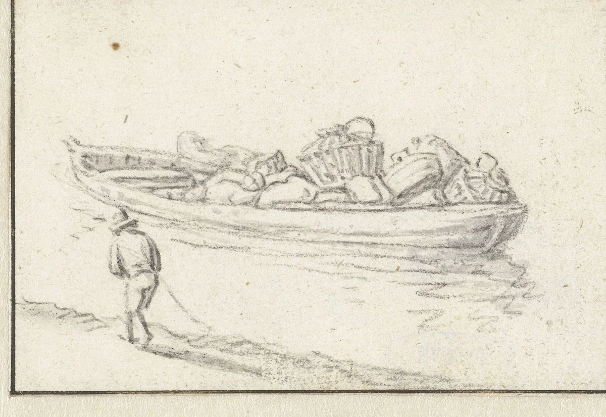 Beladen schuit en een man langs de wal by Herman Saftleven, drawing, 1619-1685