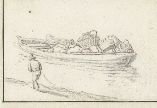 Beladen schuit en een man langs de wal by Herman Saftleven, drawing, 1619-1685