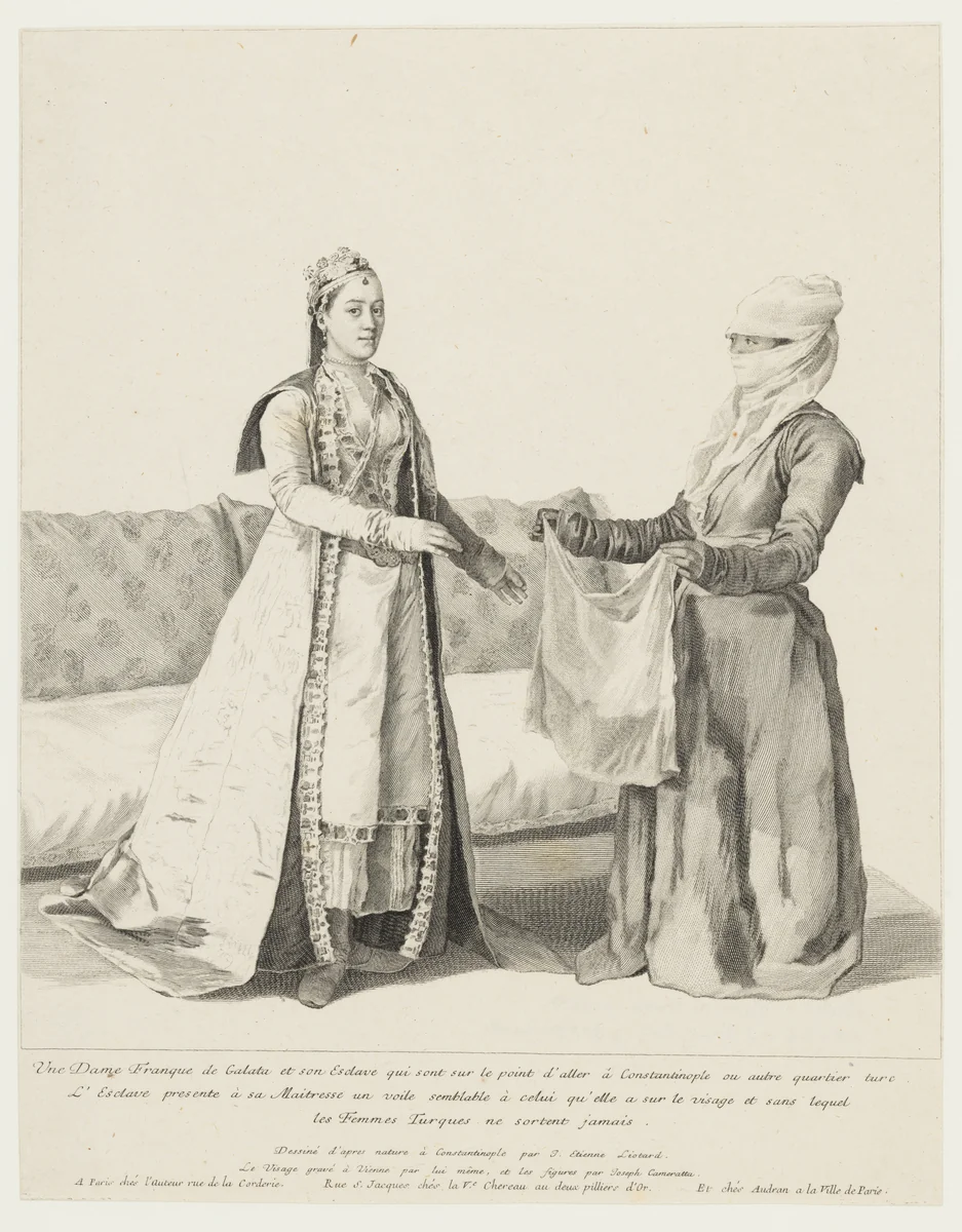 A Woman of European Descent at Galata Being Handed Her Veil by Her Servant Prior to Going Out by Jean-Etienne Liotard, print, 1745
