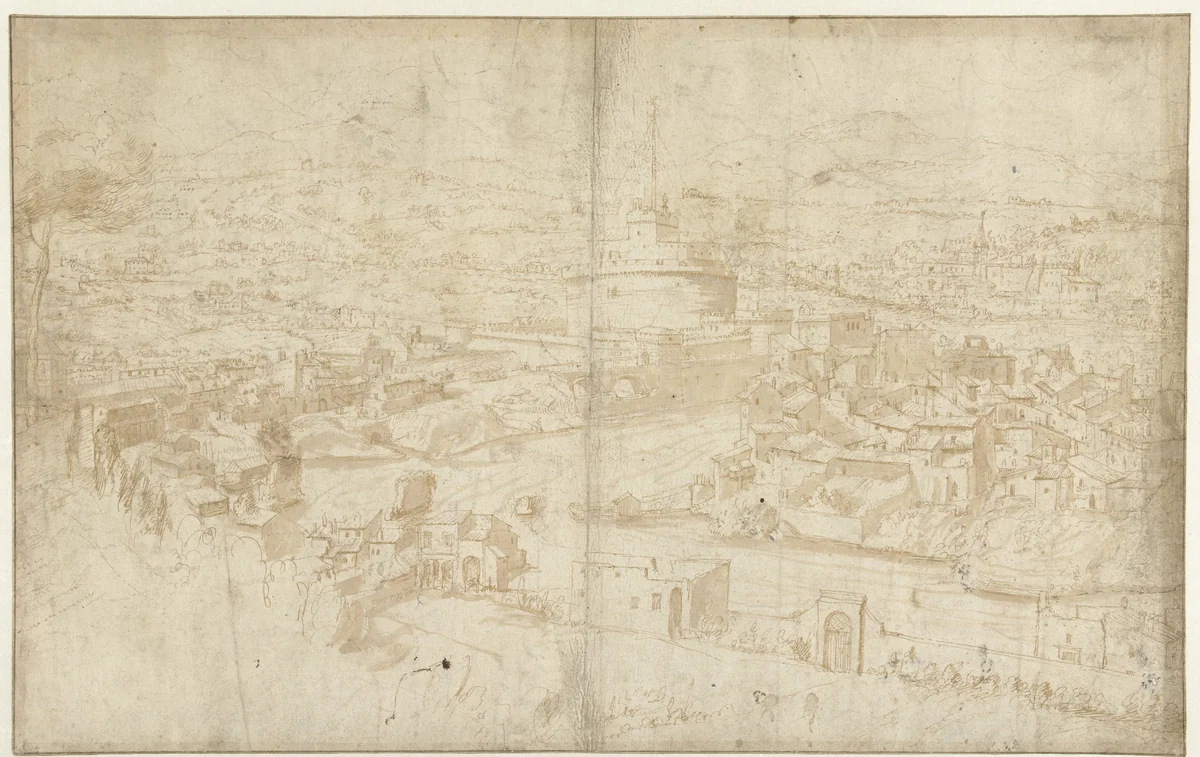 Gezicht op de Tiber en de Castel Sant' Angelo by Antoni van den Wijngaerde, drawing, 1550-1560