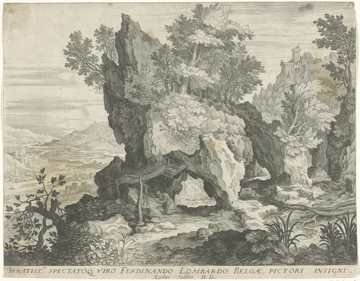 Rotslandschap met de Heilige Hieronymus by Unknown, print, 1580-1629