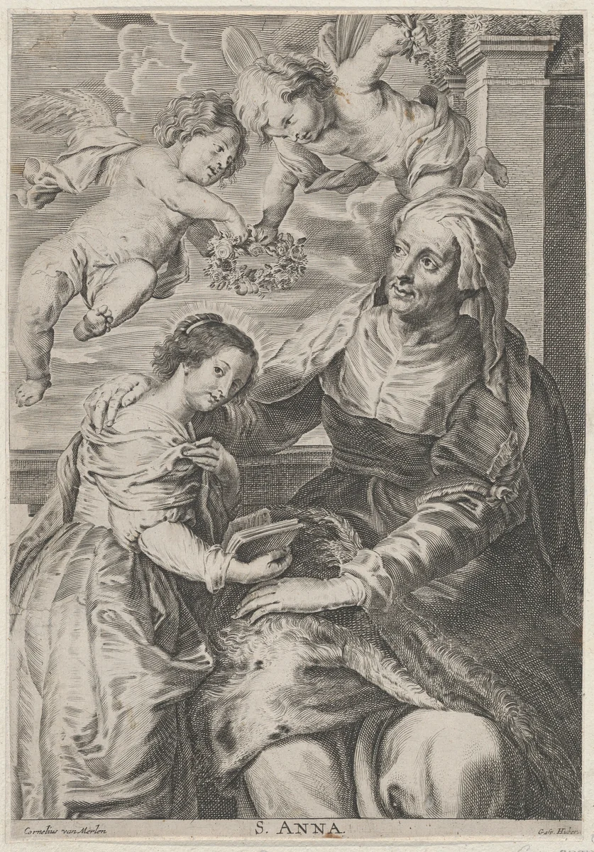 The education of the Virgin, with Saint Anne and the Virgin Mary reading with two putti overhead and Saint Joachim behind them at left by anonymous, print, 1695-1723