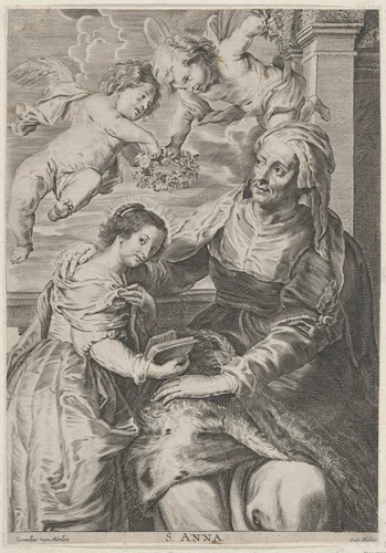 The education of the Virgin, with Saint Anne and the Virgin Mary reading with two putti overhead and Saint Joachim behind them at left by anonymous, print, 1695-1723