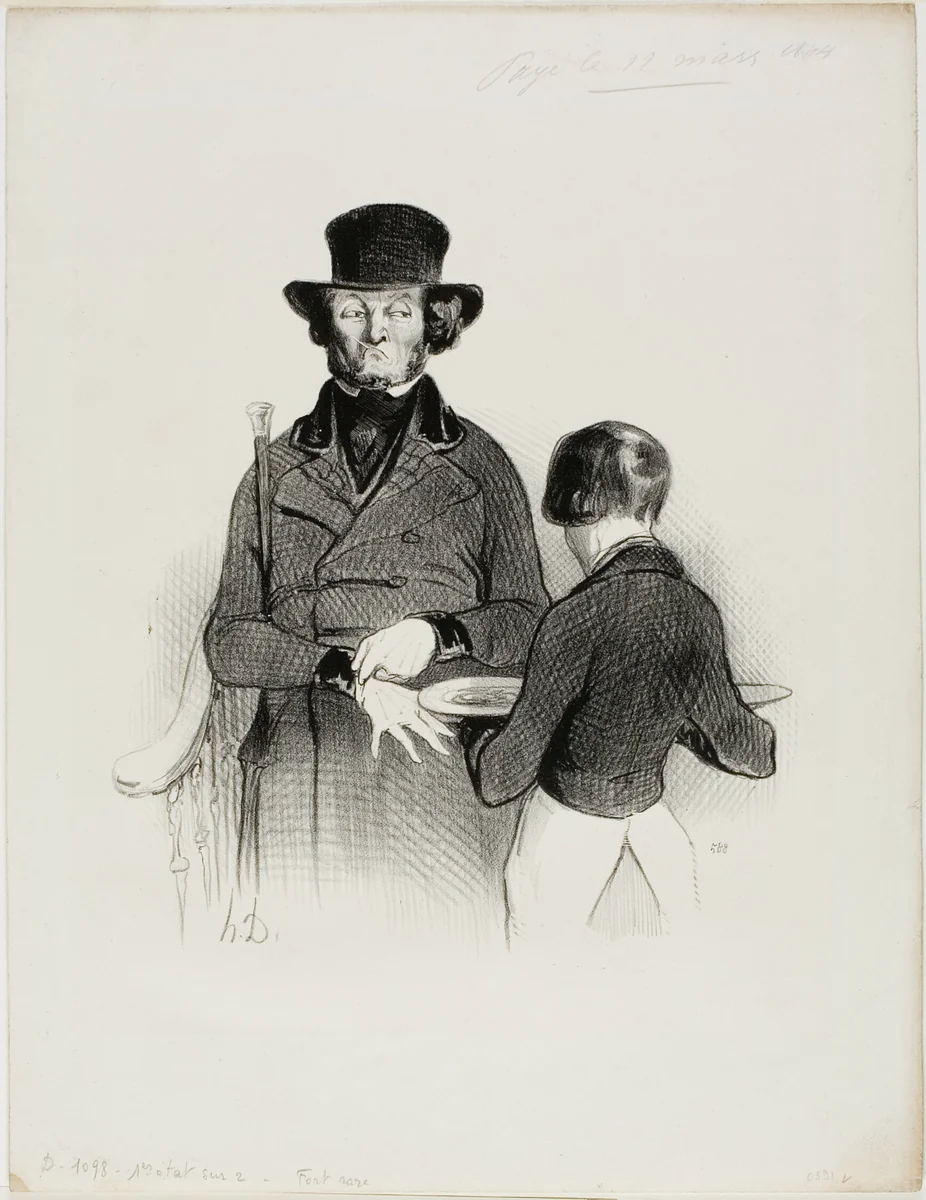 A Dinner at Véry's. “So what! I am having dinner by myself today... alright! But my wife gave me one Louis d'or and I still have... 60 centimes left,” plate 11 from Les Beaux Jours De La Vie by Honoré-Victorin Daumier, print, 1844