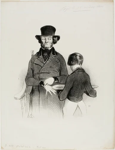 A Dinner at Véry's. “So what! I am having dinner by myself today... alright! But my wife gave me one Louis d'or and I still have... 60 centimes left,” plate 11 from Les Beaux Jours De La Vie by Honoré-Victorin Daumier, print, 1844
