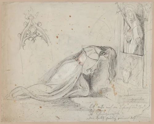 Gretchen in prayer before the Mater Dolorosa (recto). Studies of a Gretchen, a bearded male head, and other figures (verso) by Theodor Holst, drawing, 1828-1831