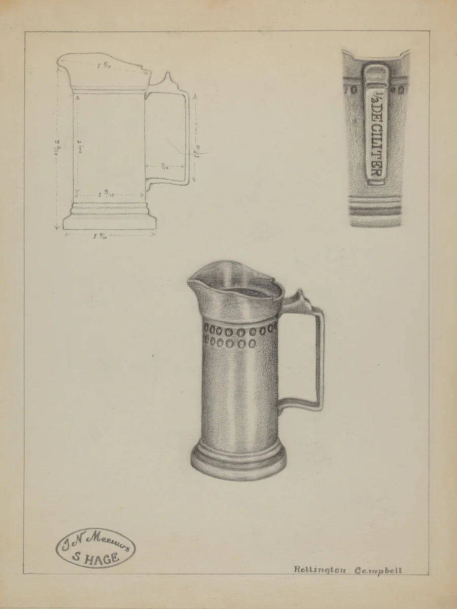 Pewter Pitcher by Rollington Campbell, index of american design, 1936