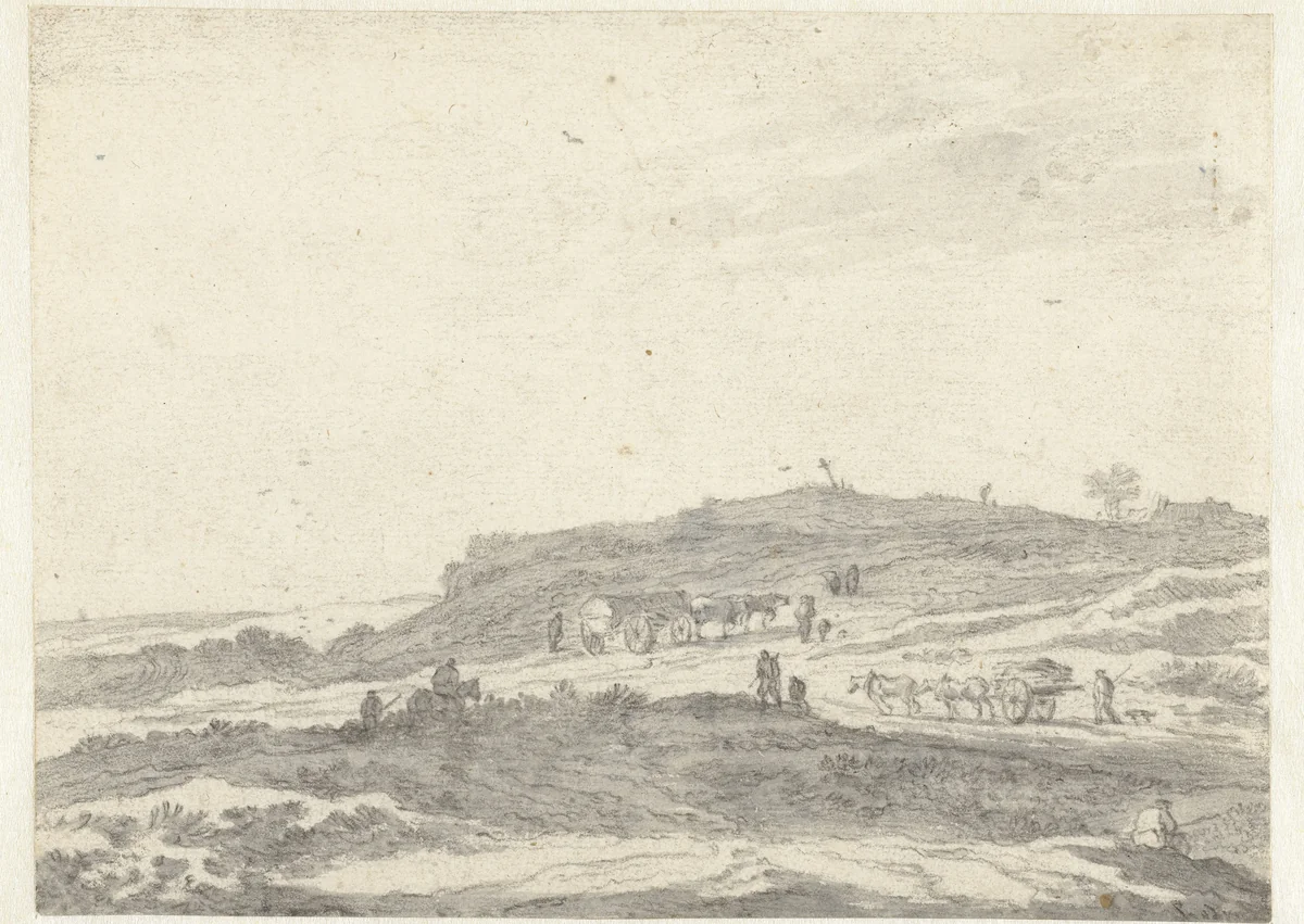 Heuvellandschap met een wagen en een kar by Pieter de Molijn, drawing, 1650-1660