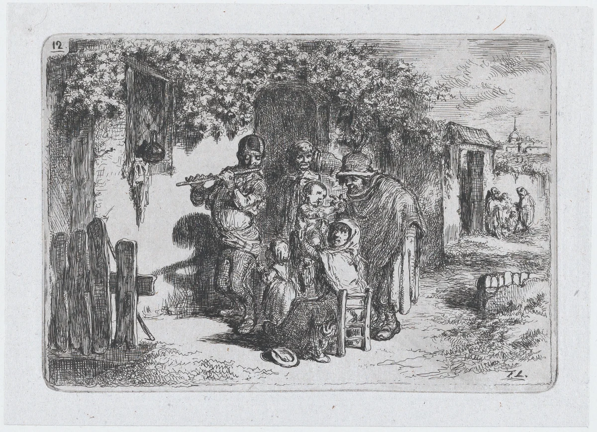 Plate 12: a group of people outdoors including a boy playing a flute, from the series of customs and pastimes of the Spanish people by Francisco Lameyer, print, 1850