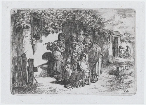 Plate 12: a group of people outdoors including a boy playing a flute, from the series of customs and pastimes of the Spanish people by Francisco Lameyer, print, 1850