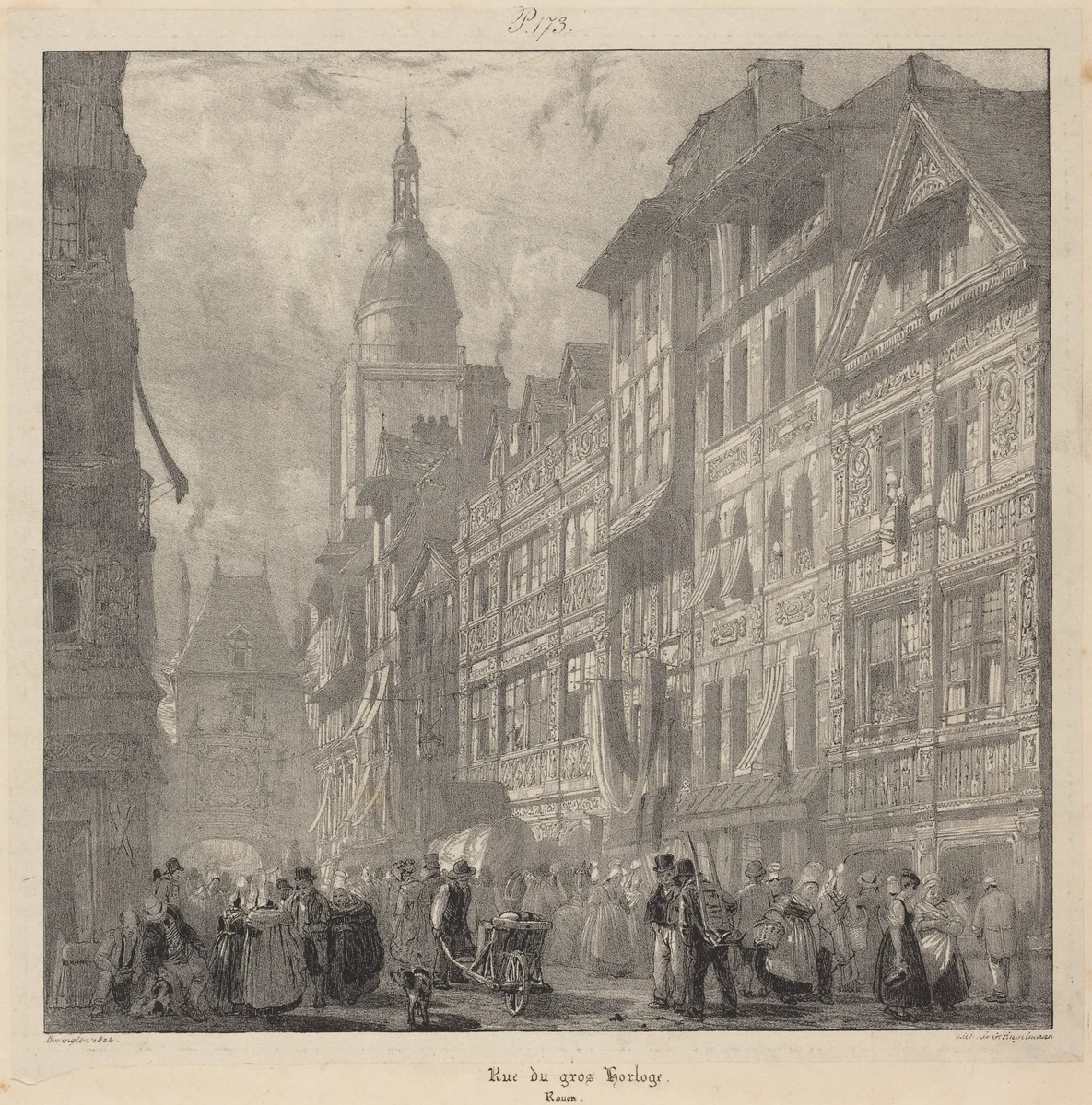 Rue du gros-horloge, Rouen by Richard Parkes Bonington, print, 1824
