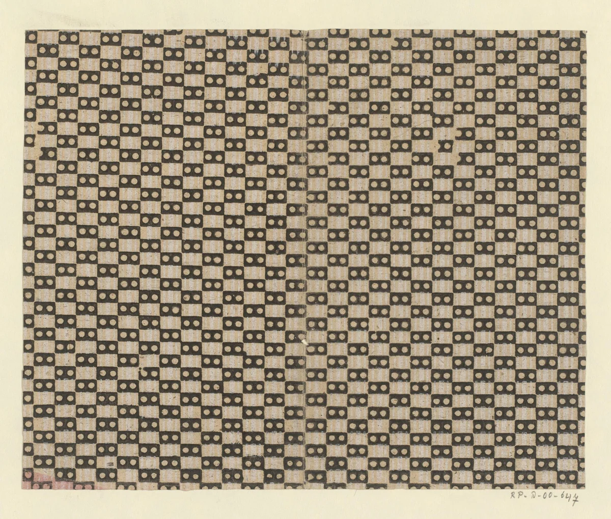 Blad met schaakbordpatroon van blokken met stippen en strepen by anonymous, print, 1750-1900