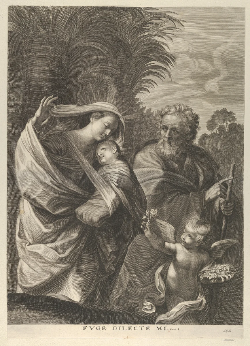 The Flight into Egypt; the Holy Family walking together, Saint Joseph pointing to the right and the Virgin carrying the infant Christ, an angel in front of her offering a flower, after Reni by anonymous, print, 1635-1678