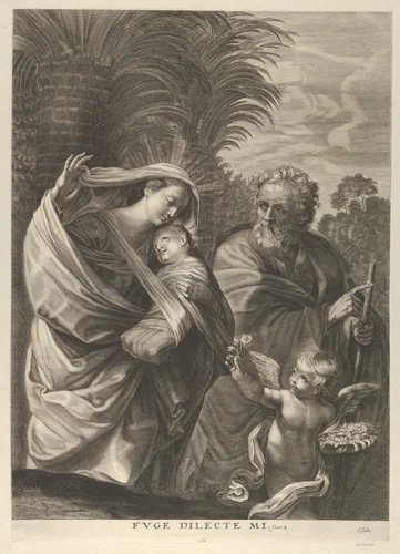 The Flight into Egypt; the Holy Family walking together, Saint Joseph pointing to the right and the Virgin carrying the infant Christ, an angel in front of her offering a flower, after Reni by anonymous, print, 1635-1678