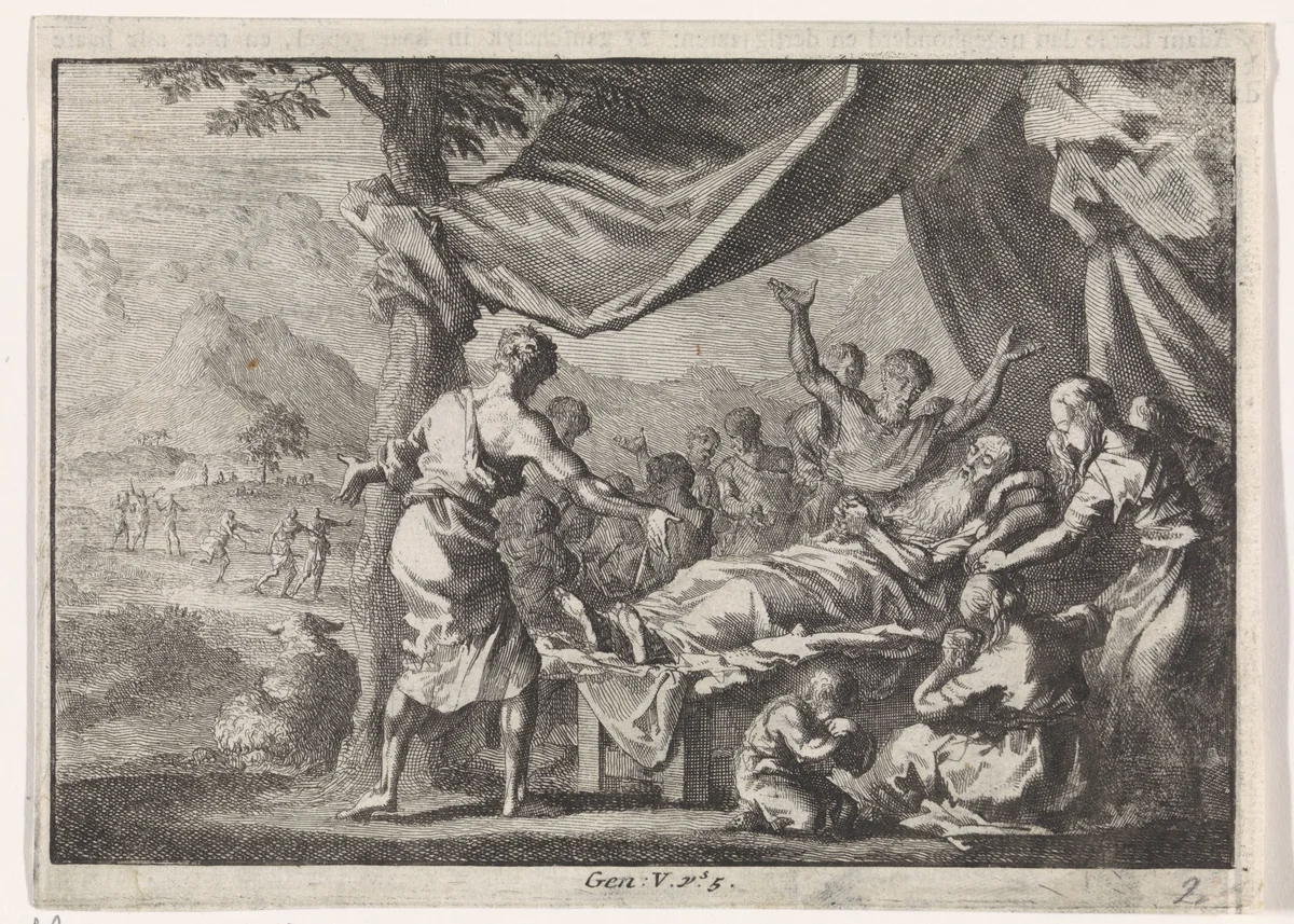 Adams sterfbed by Jan Luyken, print, 1703-1762