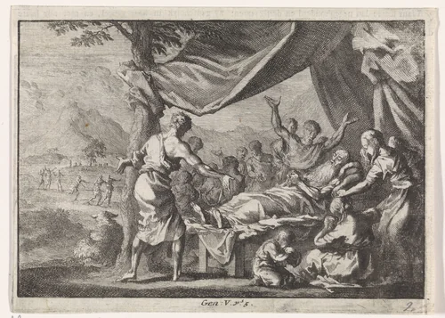 Adams sterfbed by Jan Luyken, print, 1703-1762