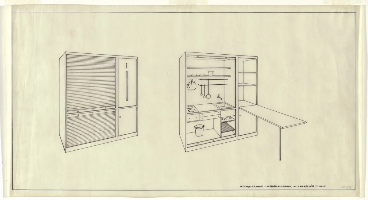 Single-Person Apartment in The Dwelling of Our Time, German Building Exhibition, Berlin, Germany (Two perspectives, cooking cupboard with side cabinet) by Lilly Reich, mies van der rohe archive, 1931