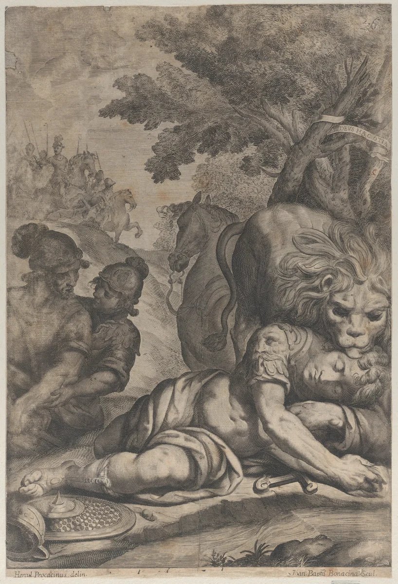 A lion atop a fallen horseman at right, with two other soldiers at left by Giovanni Battista Bonacina, print, 1640-1670