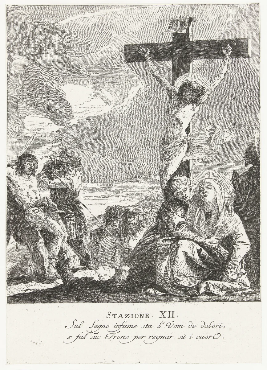 Christus aan het kruis en Maria ondersteund door Johannes tussen omstanders op Calvarieberg by Giovanni Domenico Tiepolo, print, 1747-1749