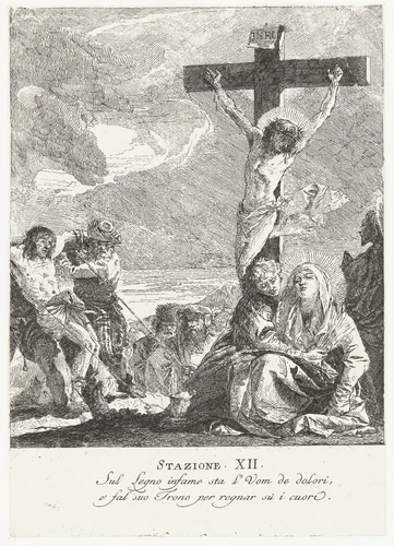 Christus aan het kruis en Maria ondersteund door Johannes tussen omstanders op Calvarieberg by Giovanni Domenico Tiepolo, print, 1747-1749