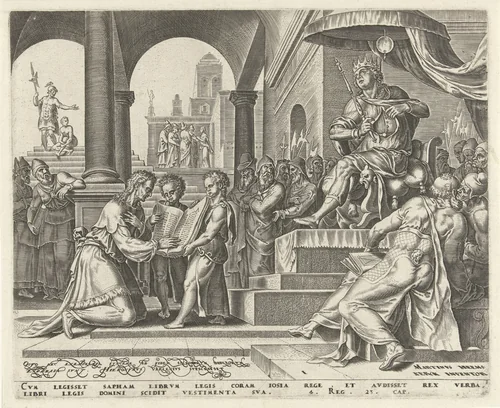 Koning Josia scheurt zijn kleren bij het horen van de woorden uit het wetboek by Philips Galle, print, 1569