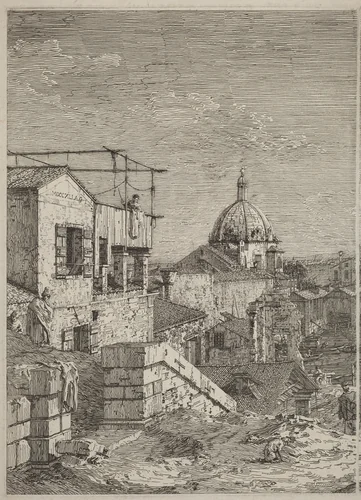 The House with the Inscription [left] by Canaletto, print, 1741