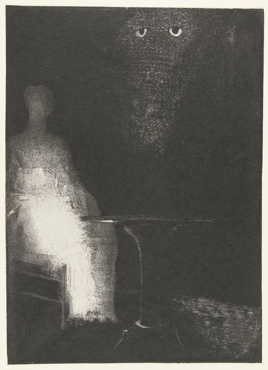 Ik kijk van bovenaf op de vage vormen van een menselijke figuur by Odilon Redon, print, 1896