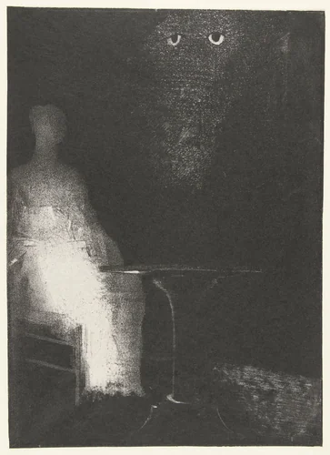 Ik kijk van bovenaf op de vage vormen van een menselijke figuur by Odilon Redon, print, 1896