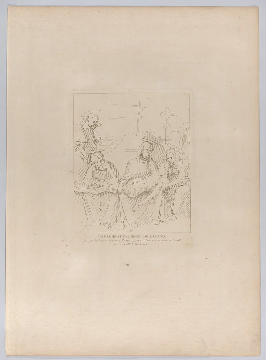 Pietà, with the body of Christ supported by the Virgin and two holy women, Saint John stands to the left; from "Recueil d'estampes d'après les plus beaux tableaux et d'après les plus beaux desseins qui sont en France, Cabinet Crozat" after a drawing by Perugino by Anne Claude Philippe de Tubières, print, 1724-1744