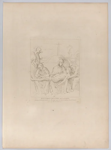 Pietà, with the body of Christ supported by the Virgin and two holy women, Saint John stands to the left; from "Recueil d'estampes d'après les plus beaux tableaux et d'après les plus beaux desseins qui sont en France, Cabinet Crozat" after a drawing by Perugino by Anne Claude Philippe de Tubières, print, 1724-1744