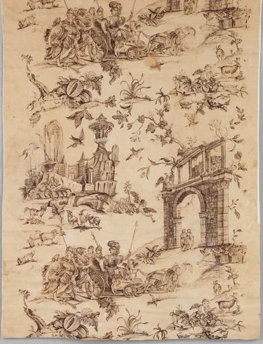 Piece with Roman chariot and ruins (Furnishing fabric) by Bromley Hall Printworks, textile, 1765-1775