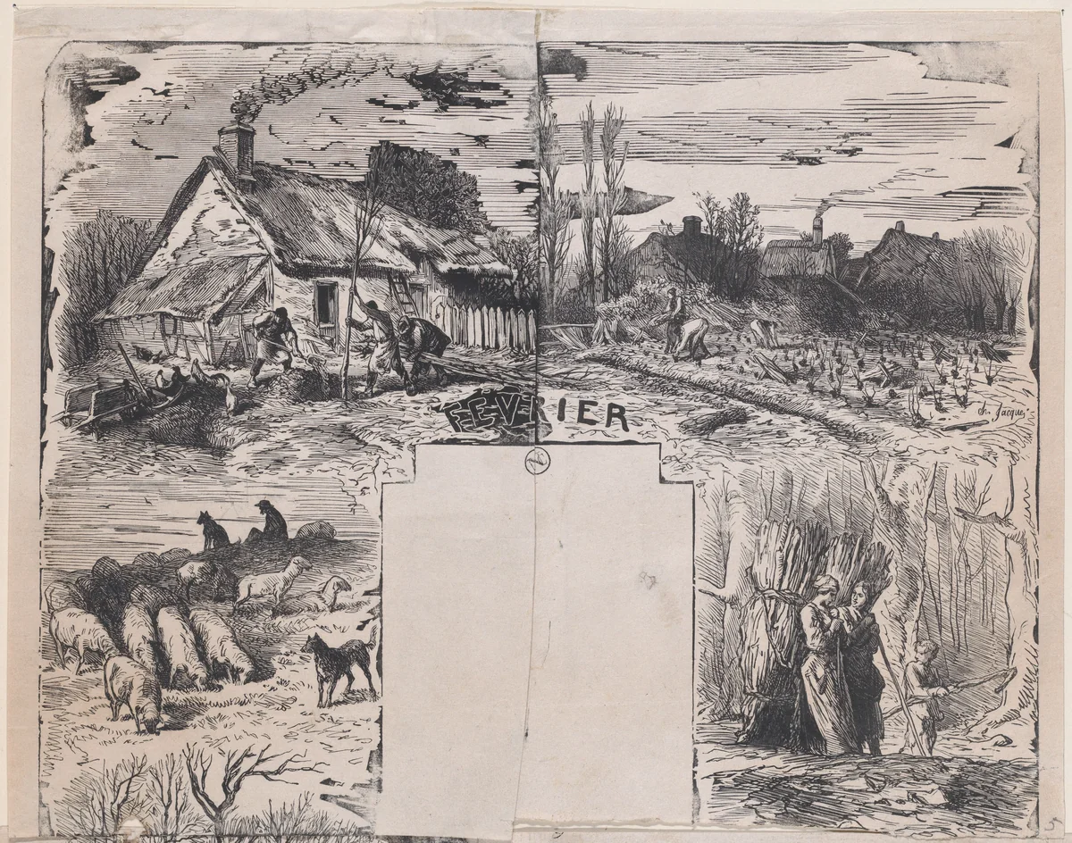 February, from "Album of Rustic Subjects" by Charles Jacque, print, 1859