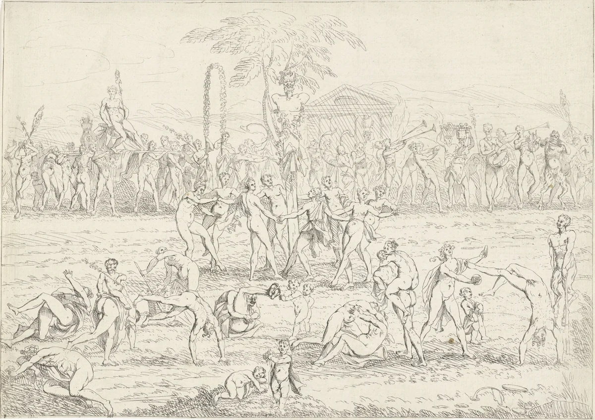 Nimfen dansen om een saterbeeld by Gerard Melder, print, 1725