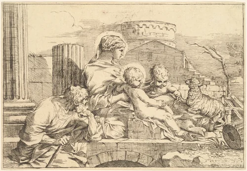 Holy Family Seated on an Arch by Sébastien Bourdon, print, 1642-1652