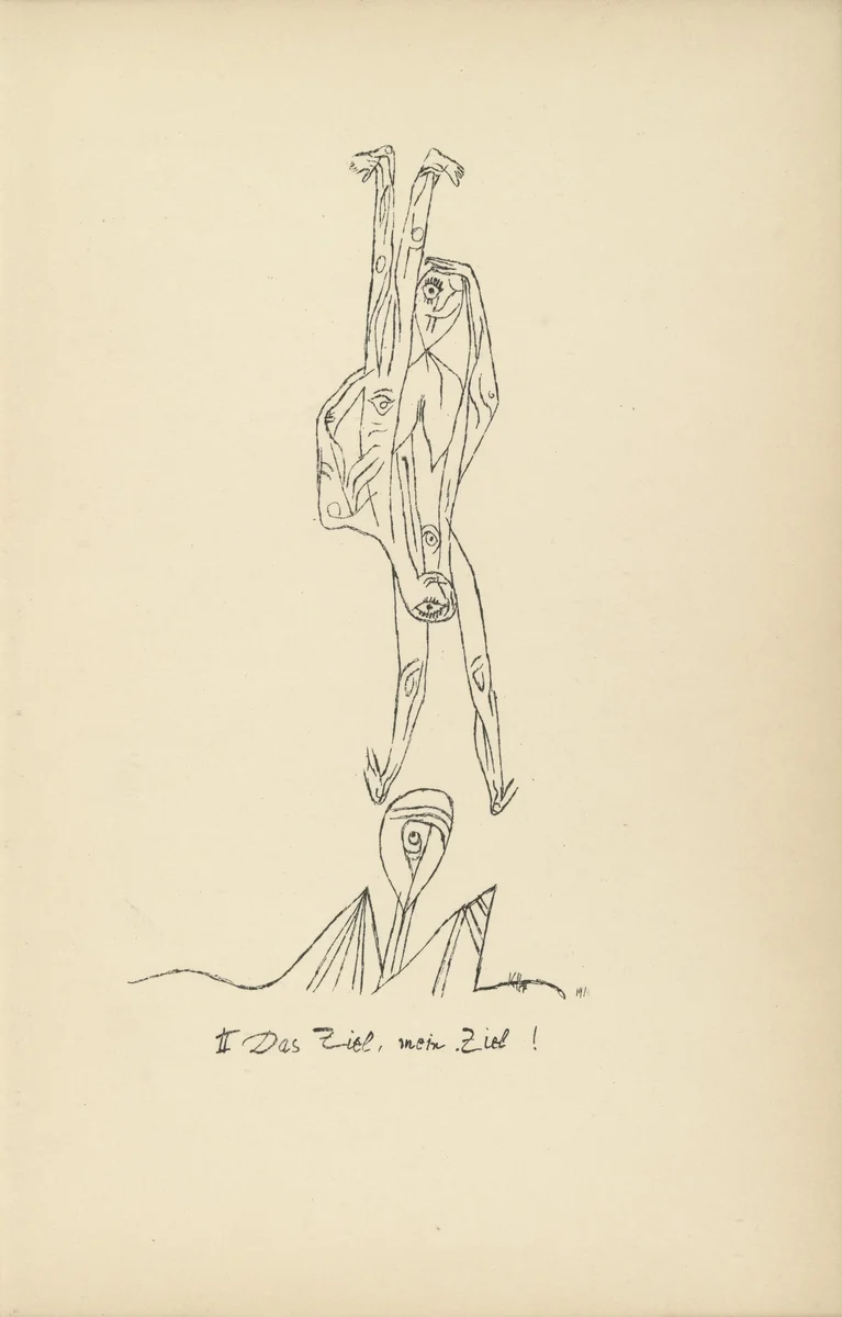 The Aim, My Aim! (plate facing page 22) from Potsdamer Platz oder Die Nächte des neuen Messias. Ekstatische Visionen (Potsdamer Platz or The Nights of the New Messiah. Ecstatic Visions) by Paul Klee, illustrated book, 1919