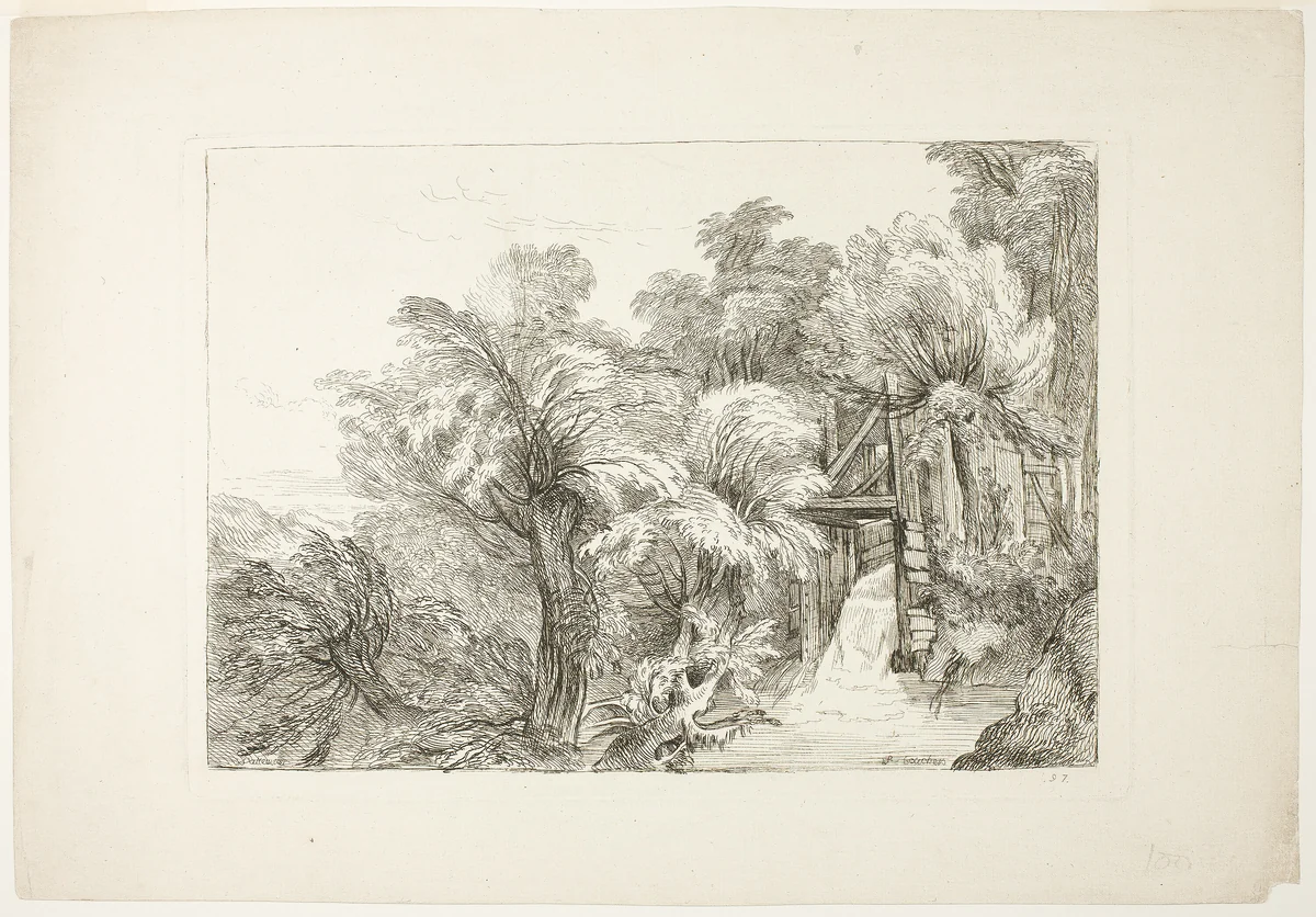 A Mill Lock in the Middle of Willows, plate 97 from Figures de différents caractères, de Paysages, et d’Etudes dessinées d'après nature (Figures of Different Characters, Landscapes, and Studies Drawn from Nature) by François Boucher
Jean Antoine Watteau, print, 1726