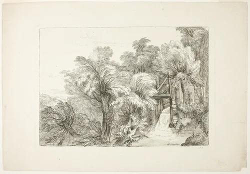 A Mill Lock in the Middle of Willows, plate 97 from Figures de différents caractères, de Paysages, et d’Etudes dessinées d'après nature (Figures of Different Characters, Landscapes, and Studies Drawn from Nature) by François Boucher
Jean Antoine Watteau, print, 1726