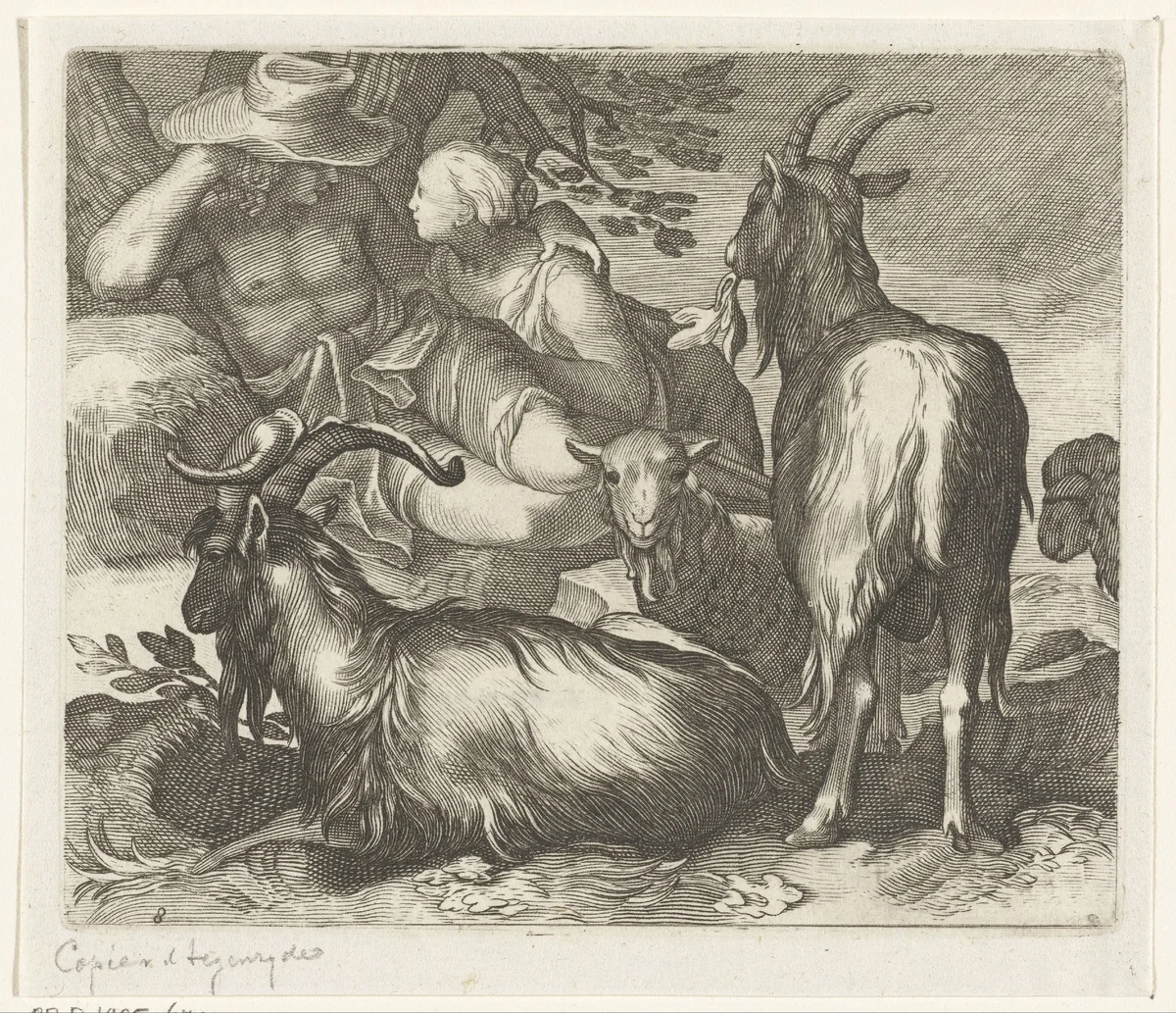 Herder en herderin als liefdespaar met geiten by anonymous, print, 1611-1661