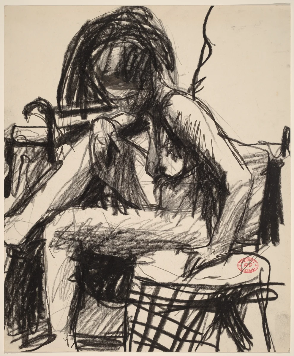 Untitled [seated nude placing her hand on a side table] by Richard Diebenkorn, drawing, 1955-1967
