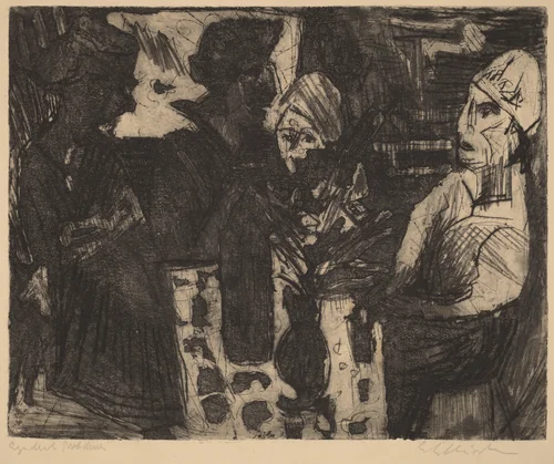 Women at a Table in a Room (recto) / Nude Woman (verso) by Ernst Ludwig Kirchner, print, 1920