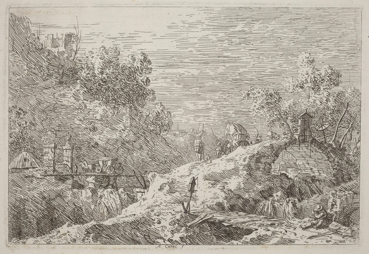 Mountain Landscape with Five Bridges by Canaletto, print, 1735-1746