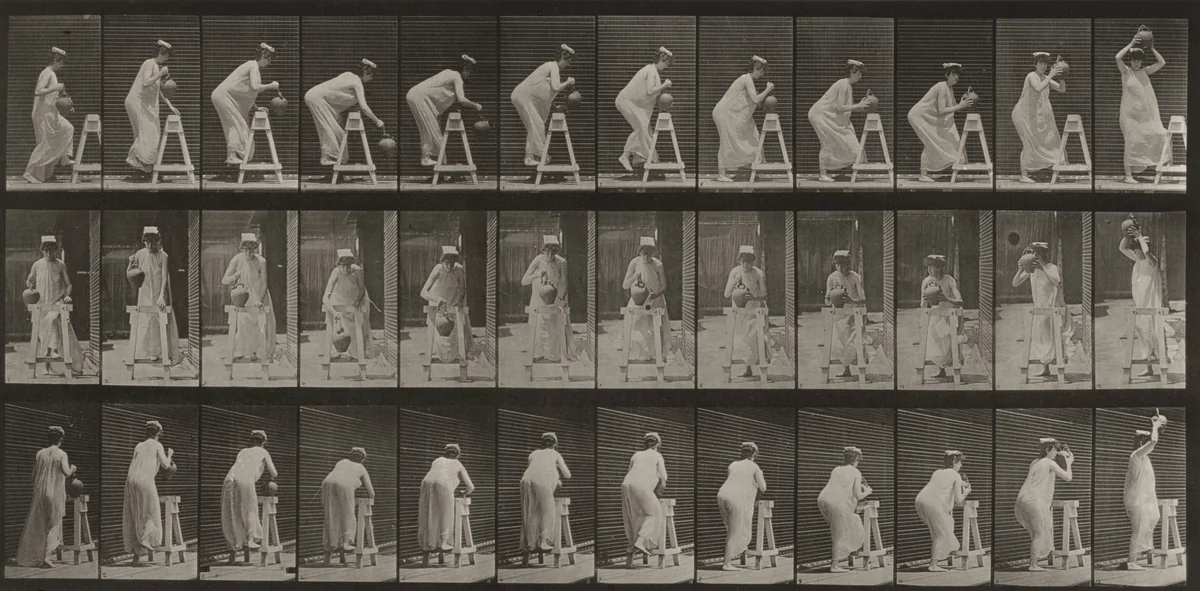 Plate Number 216. Bending to fill a water jar, placing it on head by Eadweard Muybridge, photograph, 1887