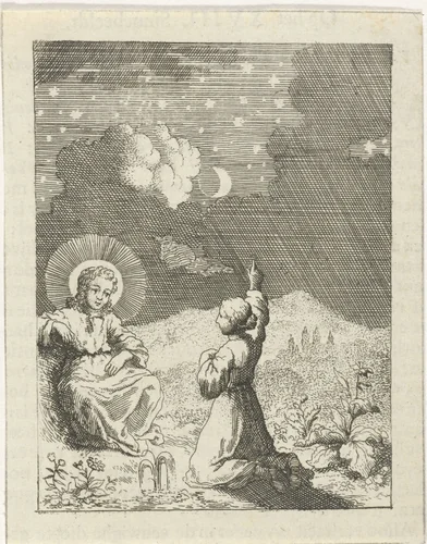 Christus en de gepersonifieerde ziel aanschouwen de sterrenhemel by Jan Luyken, print, 1678-1687