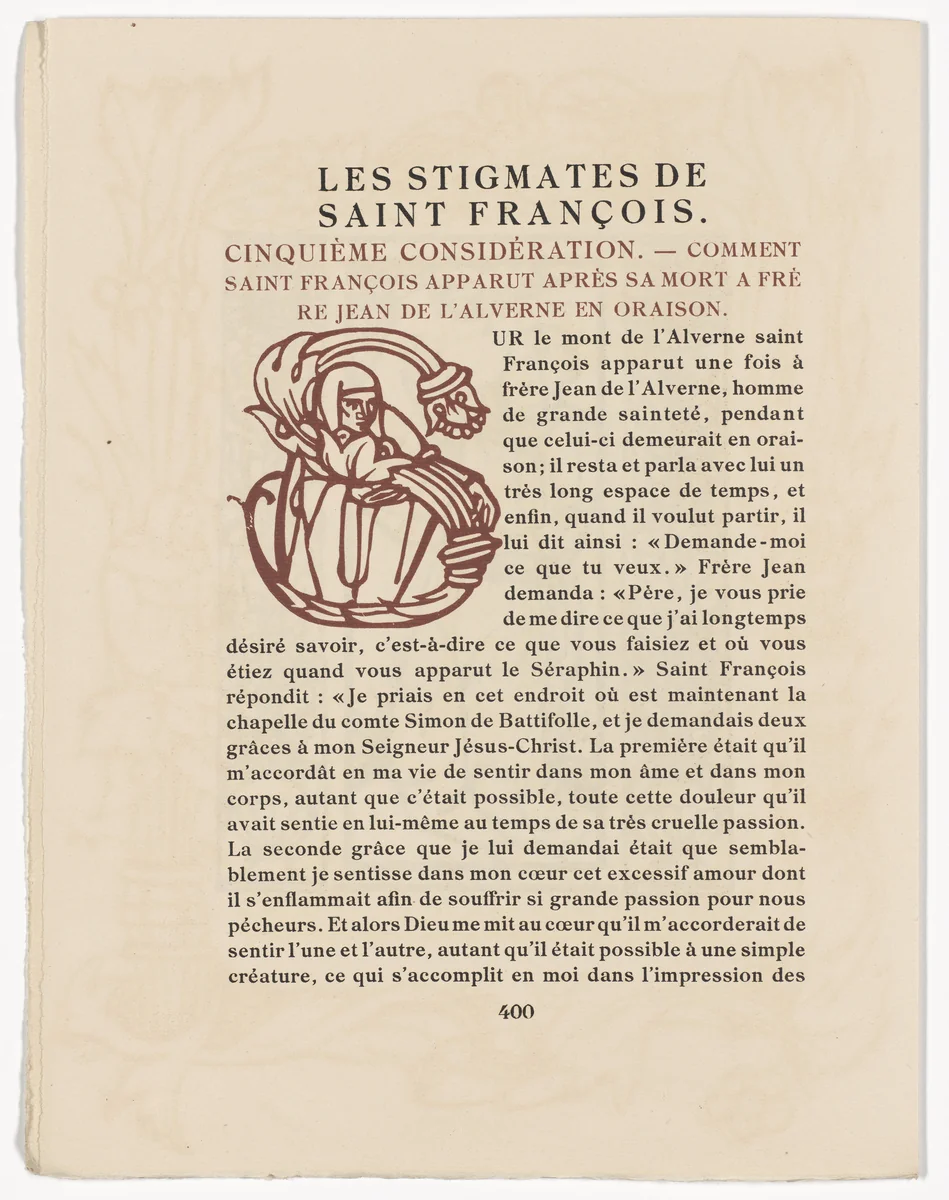 Pictorial initial (page 400) from Les Petites Fleurs de St. François (The Little Flowers of St. Francis) by Émile Bernard, illustrated book, 1928